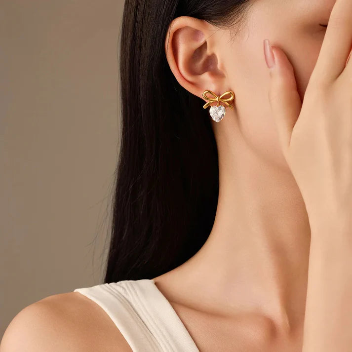 Evelyn Bow Heart Danglers - 18K Gold Anti-Tarnish
