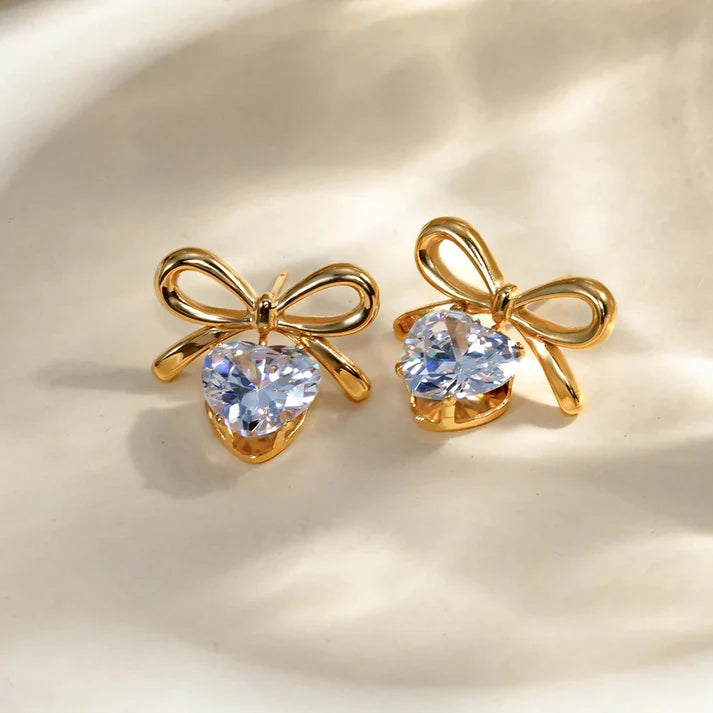 Evelyn Bow Heart Danglers - 18K Gold Anti-Tarnish