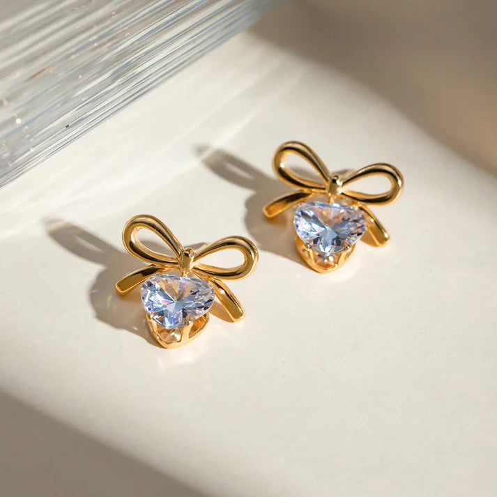 Evelyn Bow Heart Danglers - 18K Gold Anti-Tarnish