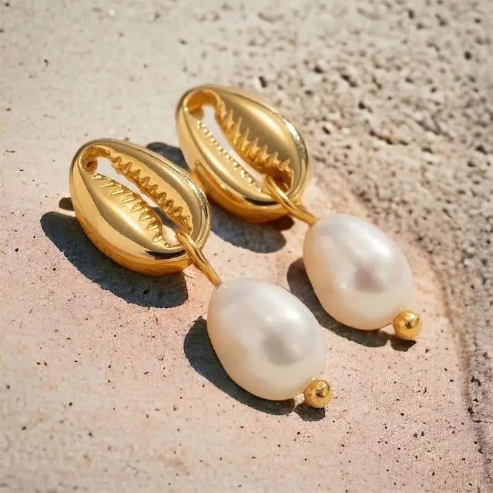 Veena Shell Pearl Earrings - 18K Gold Anti-Tarnish