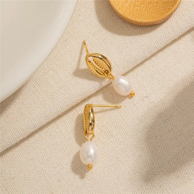 Veena Shell Pearl Earrings - 18K Gold Anti-Tarnish