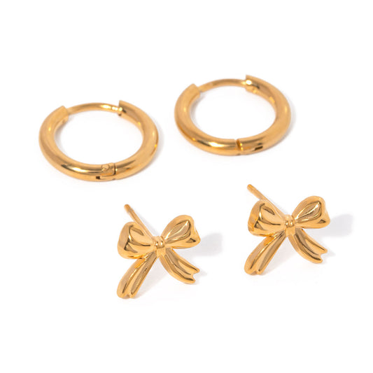Avelina Bow & Hoop Earrings – Double Piercing 18K Gold Anti-Tarnish