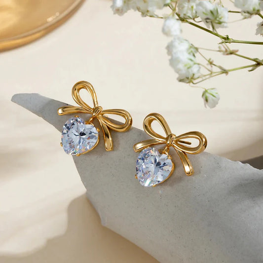 Evelyn Bow Heart Danglers - 18K Gold Anti-Tarnish