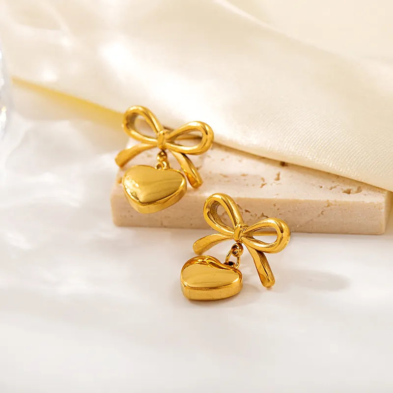 Helina Bow and Heart Earrings - 18K Gold Anti-Tarnish