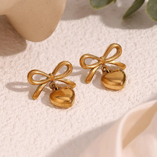 Helina Bow and Heart Earrings - 18K Gold Anti-Tarnish