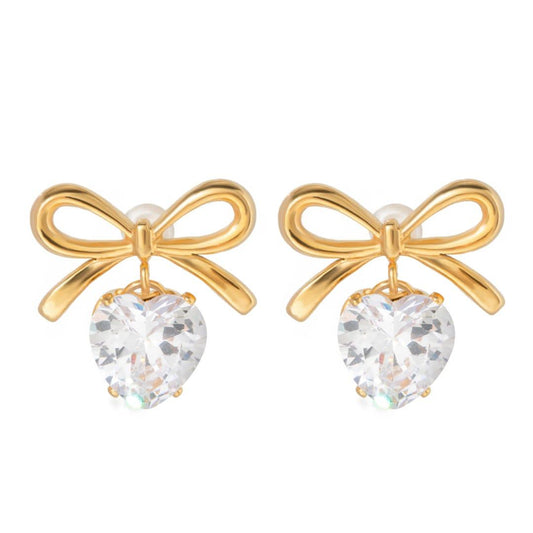 Evelyn Bow Heart Danglers - 18K Gold Anti-Tarnish